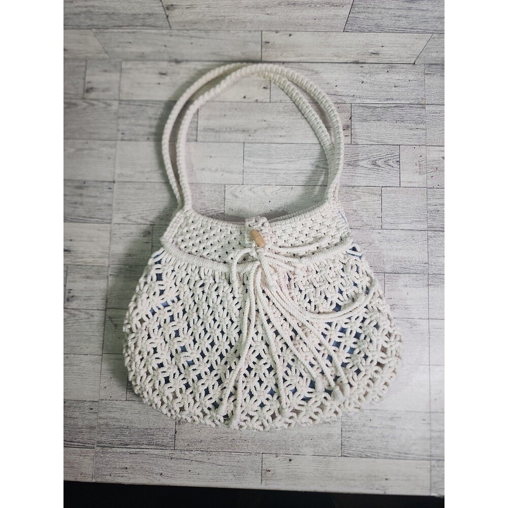 Handmade Crochet Knit Net Tote Shoulder Bag Market White Purse Boho Blue Lined